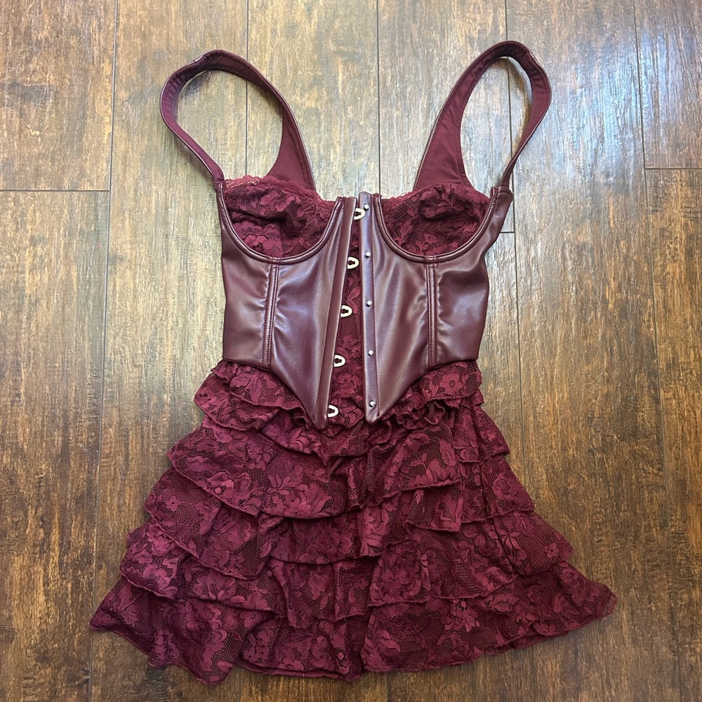 Burgundy Lace Corset Mini Dress - Picture 4 of 6